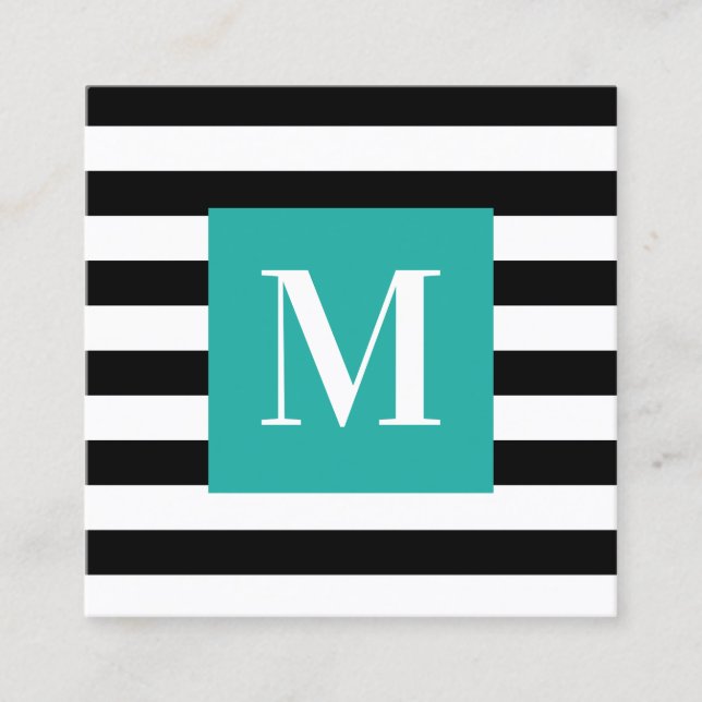 Svart och vit randig turkos monogram fyrkantigt visitkort (Framsida)