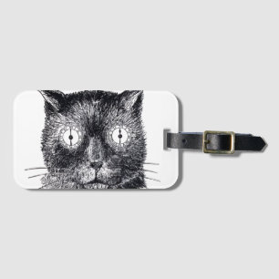 Svart och vit retro katt ansikte bagagetikett bagagebricka