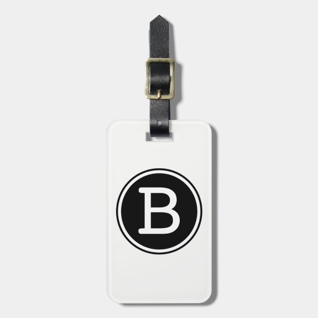 Svart och vit ringad cirkelmonogram bagagebricka (Vertikal Framsida)
