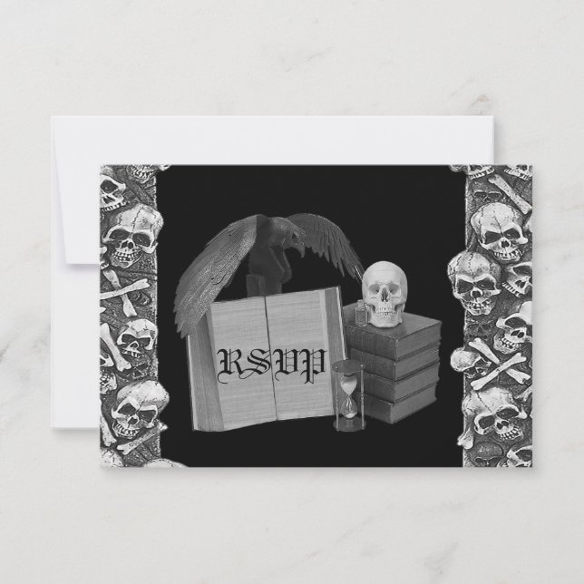 Svart och vit Romantik Skull-stavbok Bröllop OSA Kort (Framsida)