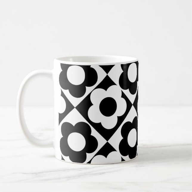 Svart och vit rombräschschen Flower Mönster Kaffemugg (Vänster)