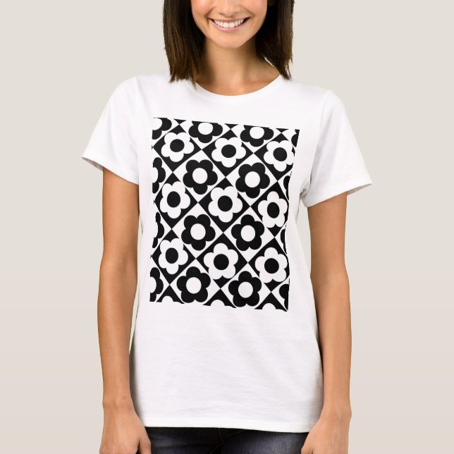 Svart och vit rombräschschen Flower Mönster T Shirt (Framsida)