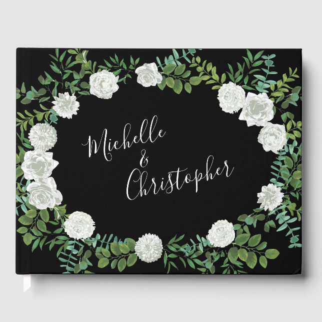 Svart och vit ros blomsterbröllop gästböcker (Framsida)