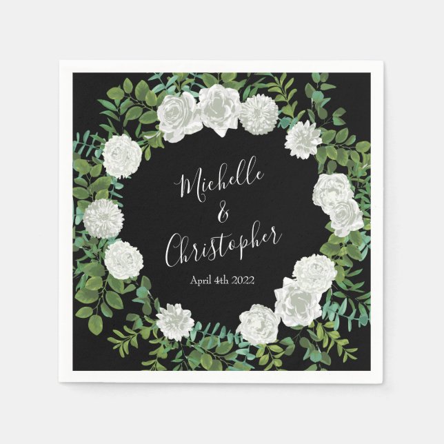 Svart och vit ros blomsterbröllop pappersservett (Framsidan)