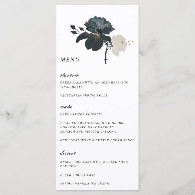 Svart och Vit ros Bröllop Menu Meny (Framsida)