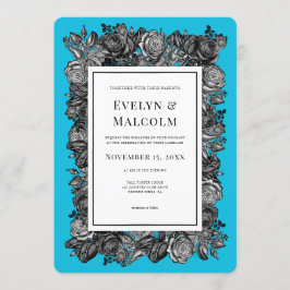 Svart och Vit ros Electric Blue Bröllop Inbjudningar