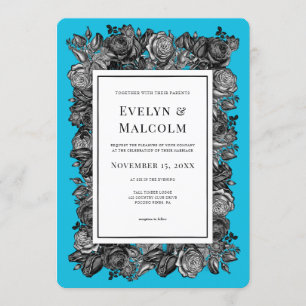 Svart och Vit ros Electric Blue Bröllop Inbjudningar