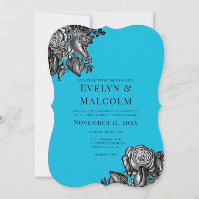 Svart och Vit ros Electric Blue Bröllop Inbjudningar (Framsida)