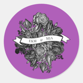 Svart och Vit ros Electric Lila Bröllop Runt Klistermärke