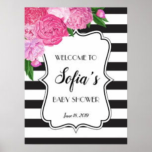 Svart och vit rpe Rosa Blommigt Shower-skylt Poster