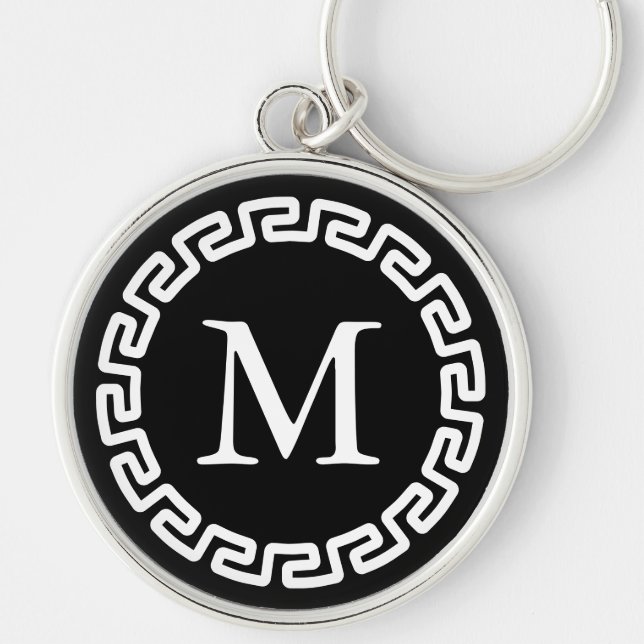 Svart och vit rund grekisk nyckelkant monogram silverfärgad nyckelring (Framsidan)