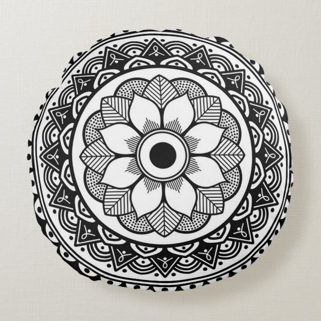 Svart och vit rund medaljong kastkudde rund kudde (Framsidan)