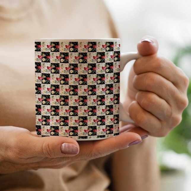 svart och vit rutig Blommig Rosa unik Kaffemugg (Skapare uppladdad)