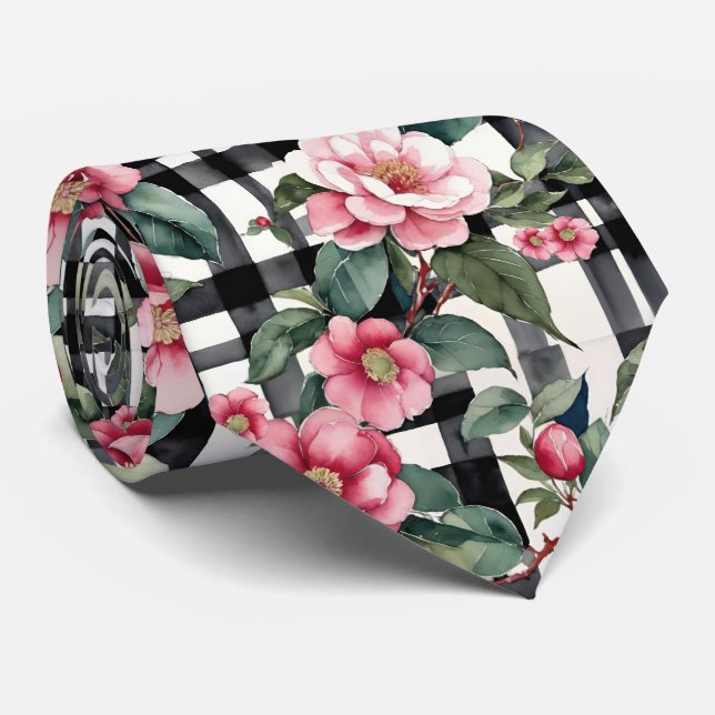 Svart och vit rutig mönster med lövrika rosa kamel slips (Rullad)
