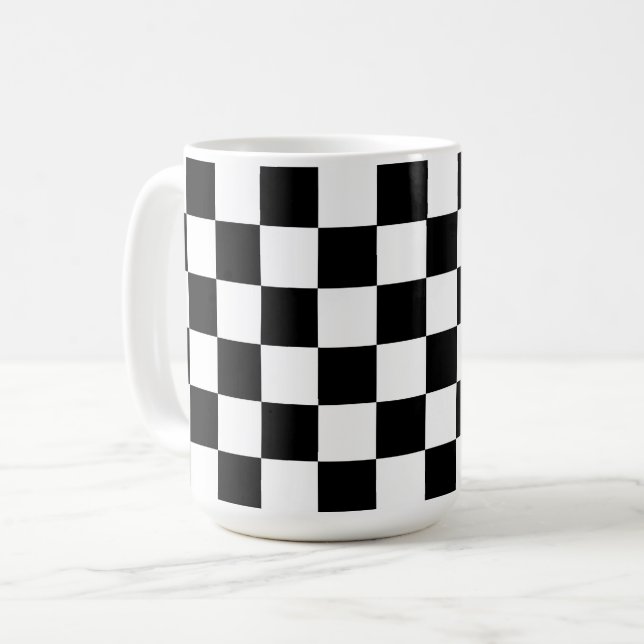 Svart och vit rutig retro-mugg kopp (Framsida vänster)
