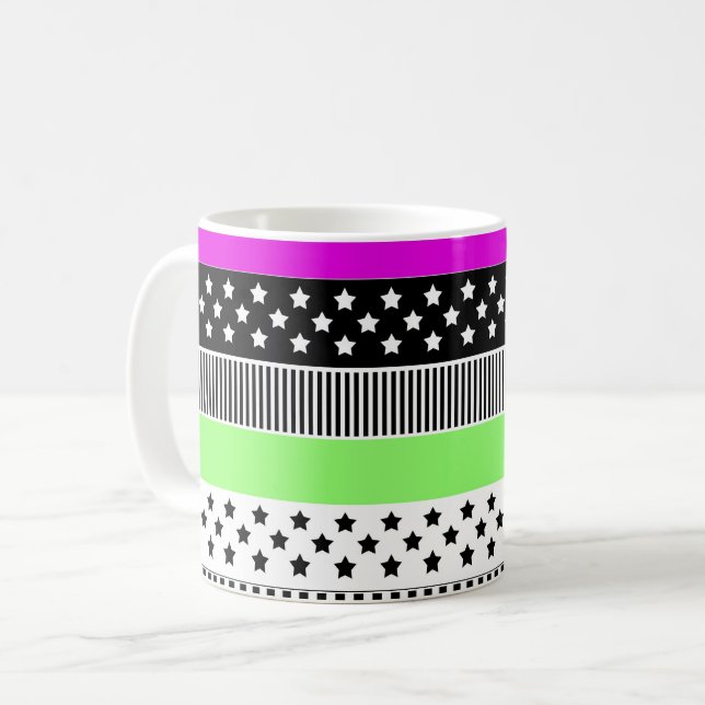 Svart och vit samt neon rand kaffemugg (Framsida vänster)