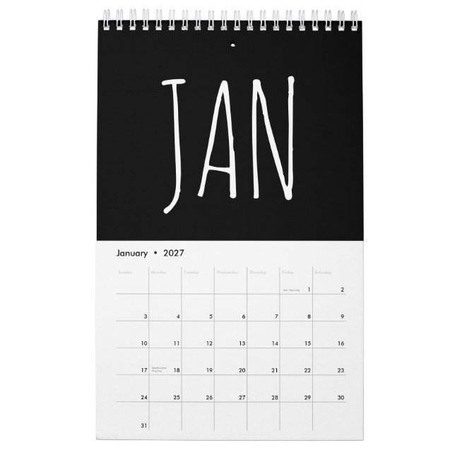 Svart och vit script kalligrafi skrivstil  kalender (Jan 2027)