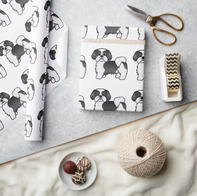 Svart Och Vit Shih Tzu Söt Tecknad Hundmönster Presentpapper (Hantverk)