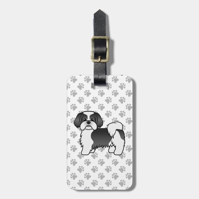 Svart Och Vit Shih Tzu Tecknad Hund & Anpassad Tex Bagagebricka (Vertikal Framsida)
