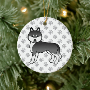 Svart Och Vit Siberian Husky Söt Tecknad Hund Julgransprydnad Keramik