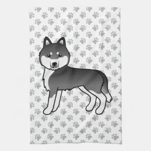 Svart Och Vit Siberian Husky Söt Tecknad Hund Kökshandduk