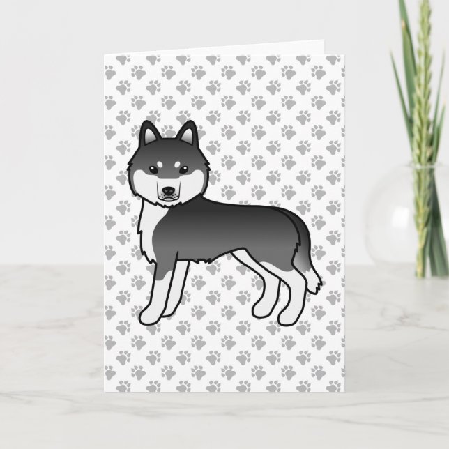 Svart Och Vit Siberian Husky Söt Tecknad Hund Kort (Framsida)