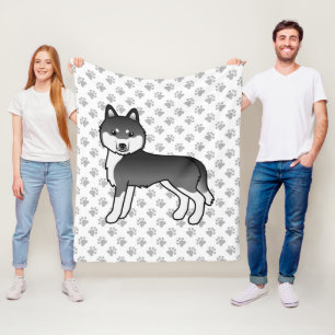 Svart Och Vit Siberian Husky Tecknad Hund & Tassar Fleecefilt