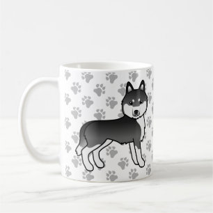 Svart Och Vit Siberian Husky Tecknad Hund & Tassar Kaffemugg
