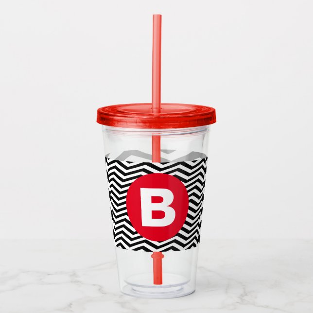 Svart och vit sicksack-mönster röd monogram take away mugg (Framsida)