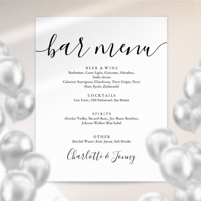 Svart Och Vit Signatur Skrift Bar Meny Skylt (Black And White Signature Script Bar Menu Sign)