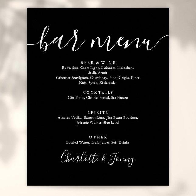 Svart och vit signerande skript meny skylt för bar (Black And White Signature Script Bar Menu Sign)