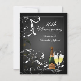 Svart och vit silver champagne årsdag fest inbjudningar