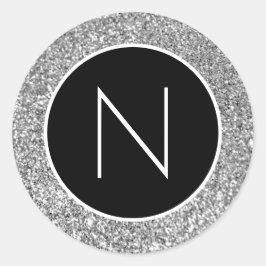 Svart och vit silver glitter monogram runt klistermärke