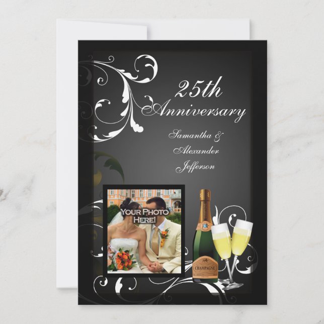 Svart och vit silverchampagne Foto-jubileum Inbjudningar (Framsida)