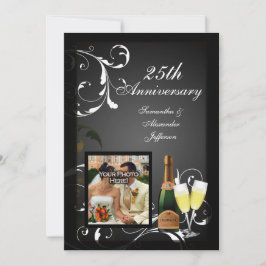 Svart och vit silverchampagne Foto-jubileum Inbjudningar