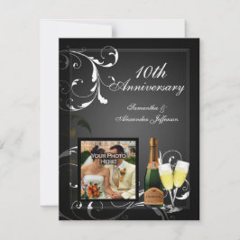 Svart och vit silverchampagne fotofirande årsdag inbjudningar