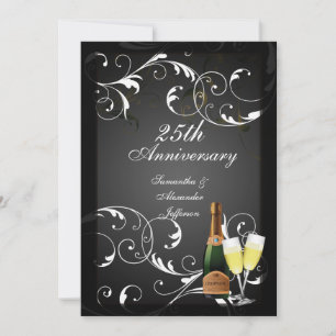 Svart och vit silverchampagnejubileum inbjudningar