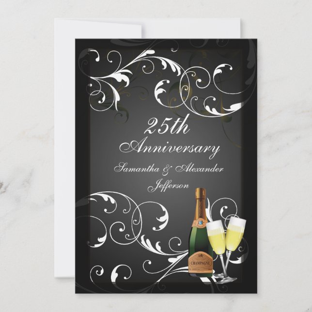 Svart och vit silverchampagnejubileum inbjudningar (Framsida)