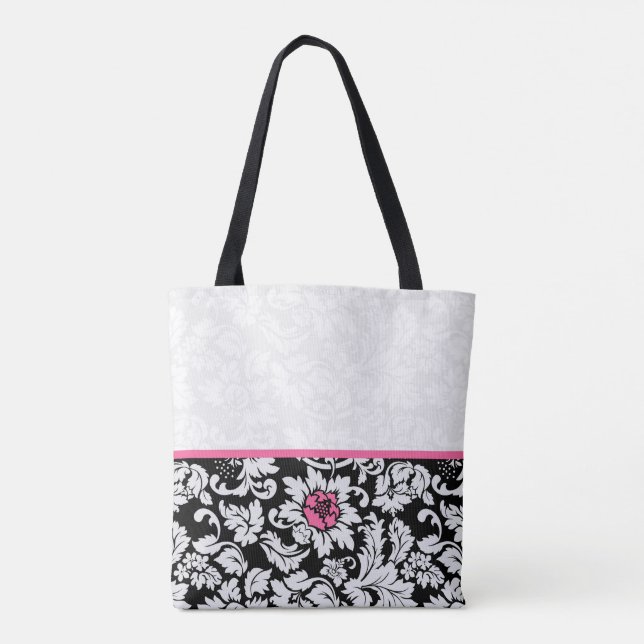 Svart och vit skaka med Rosa blomma Tygkasse (Baksida)