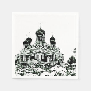 Svart och vit skiss kyrka pappersservett