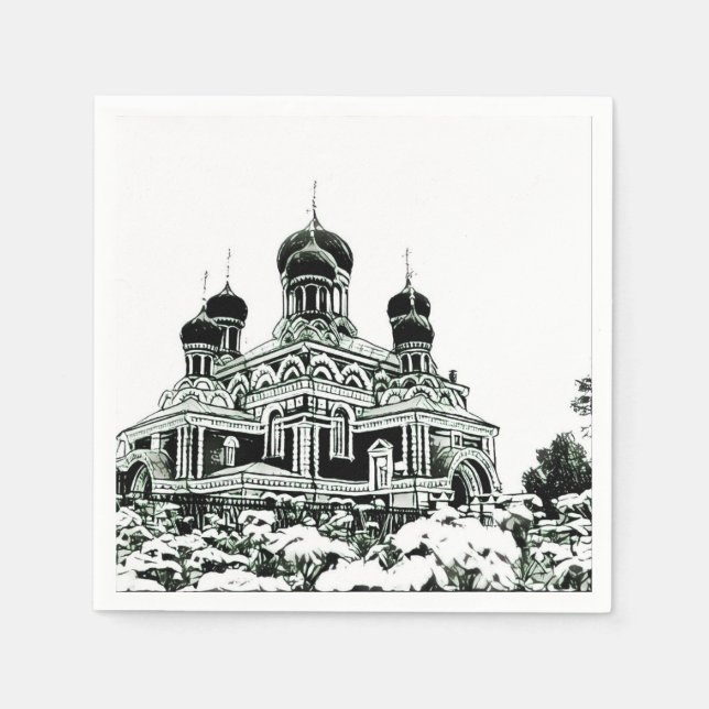 Svart och vit skiss kyrka pappersservett (Framsidan)