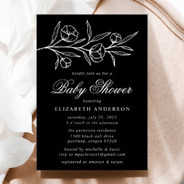 Svart och vit skissad blomster Baby Shower Inbjudningar