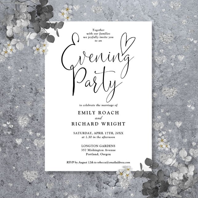 Svart och vit skript bröllop kvällsfest inbjudningar (Black And White Script Wedding Evening Party Invitation)