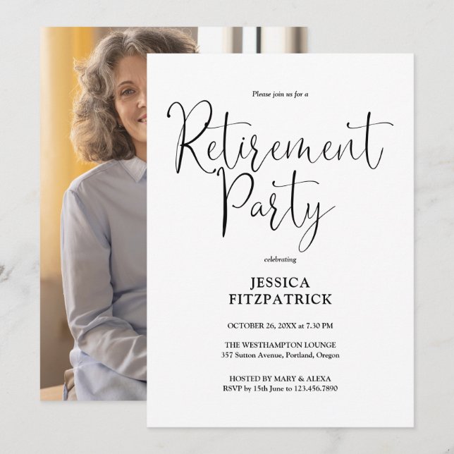 Svart och vit skriptfoto pensionsfest inbjudningar (Fram/baksida)