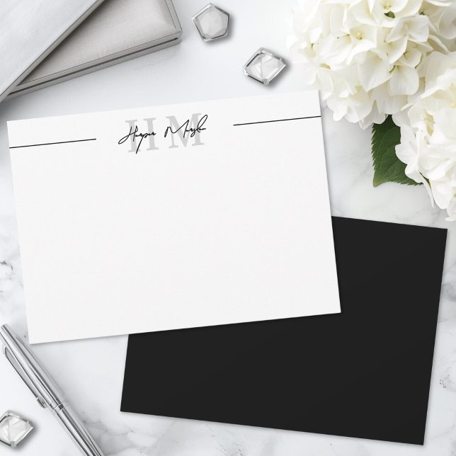 Svart och vit skriptnamnmonogram anteckningskort (Black And White Script Name Monogram Note Card )