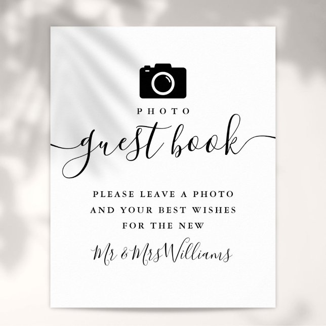 Svart och vit skriptskylt för fotogästbok poster (Photo Guest Book Black And White Script Sign)