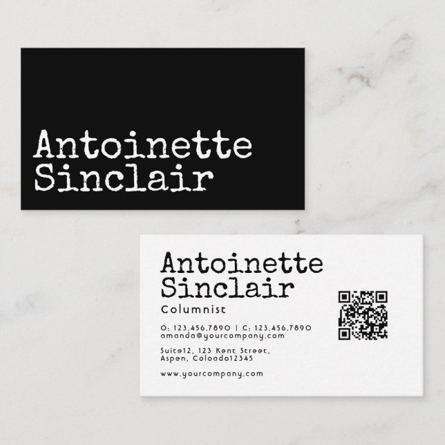 Svart och vit skrivmaskin typografi QR-kod Visitkort (Fram/baksida)