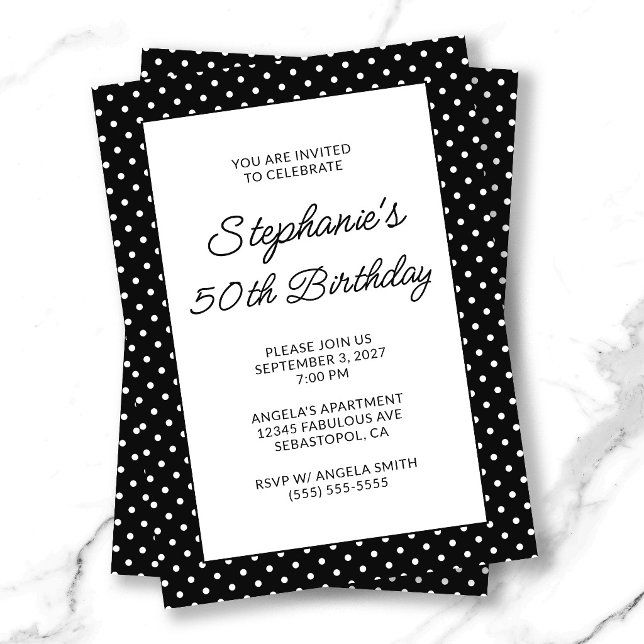 Svart och vit små prickar 50-årsdag inbjudningar (Black and White Tiny Dots 50th Birthday Invitation)