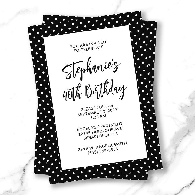 Svart och vit små prickar djärv 40-årsdag inbjudningar (Black and White Tiny Dots Bold 40th Birthday Invitation)