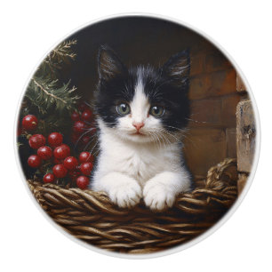 Svart och vit smokingkatt Vinterscen-målning Knopp